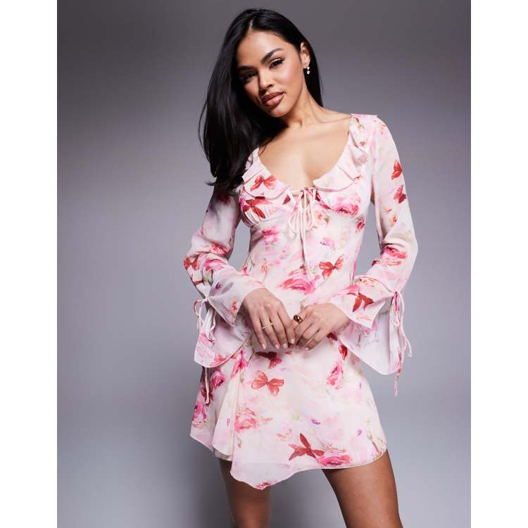 Love Triangle long sleeve mini dress with ruffle detail in pink floral |  ASOS