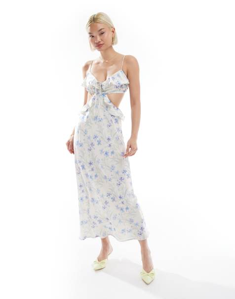 Love Triangle - Maxi-jurk met uitsnijdingen en ruches in blauwe bloemenprint - view 1