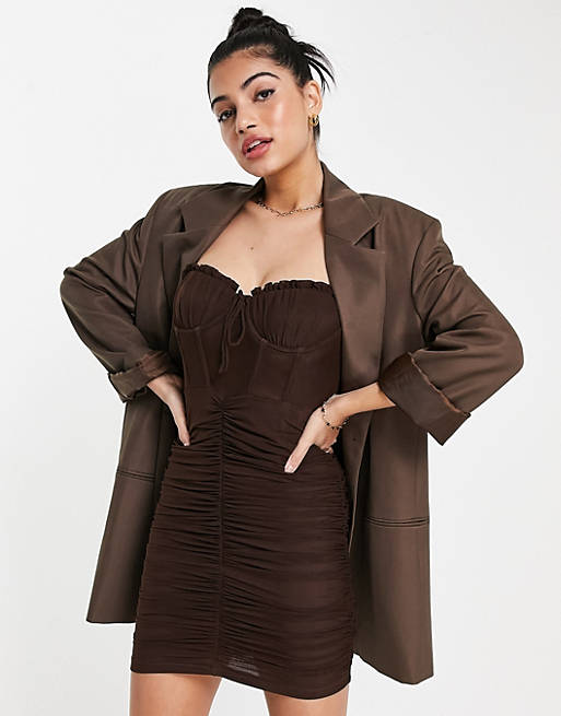 Love Triangle mesh mini dress with ruching and cupping detail in midnight brown