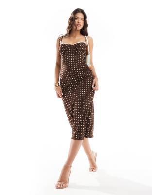 Love Triangle Midaxi Dress With Lace Trim In Brown Polka