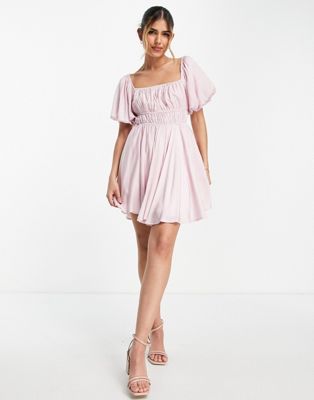 Love Triangle milkmaid mini dress with puff sleeve in baby pink