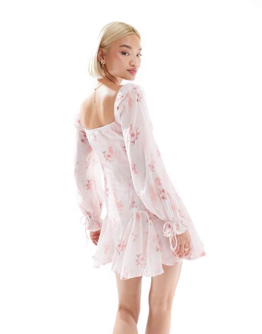 Love Triangle milkmaid mini dress with tie detail in pale pink floral