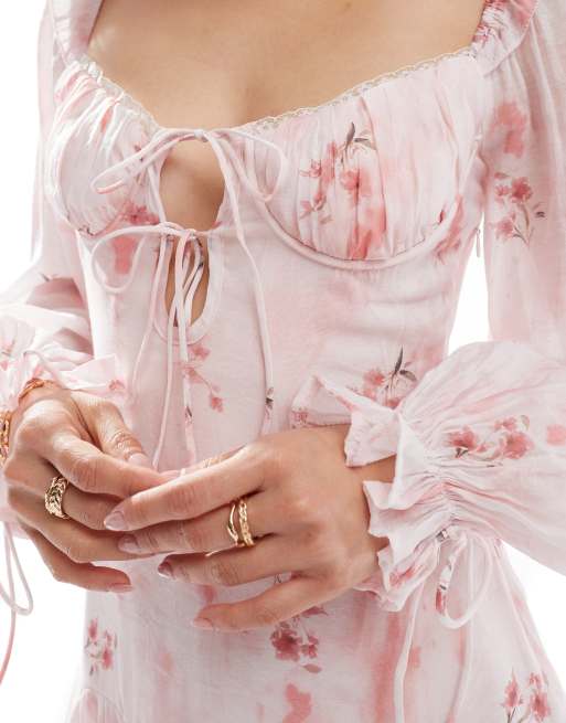 Love Triangle milkmaid mini dress with tie detail in pale pink floral