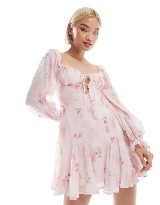 Love Triangle milkmaid mini dress with tie detail in pale pink floral
