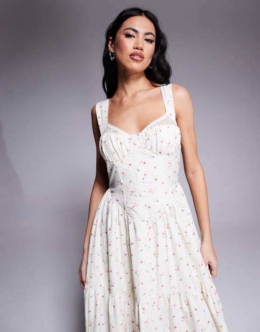Love Triangle milkmaid tiered maxi dress in pink ditsy