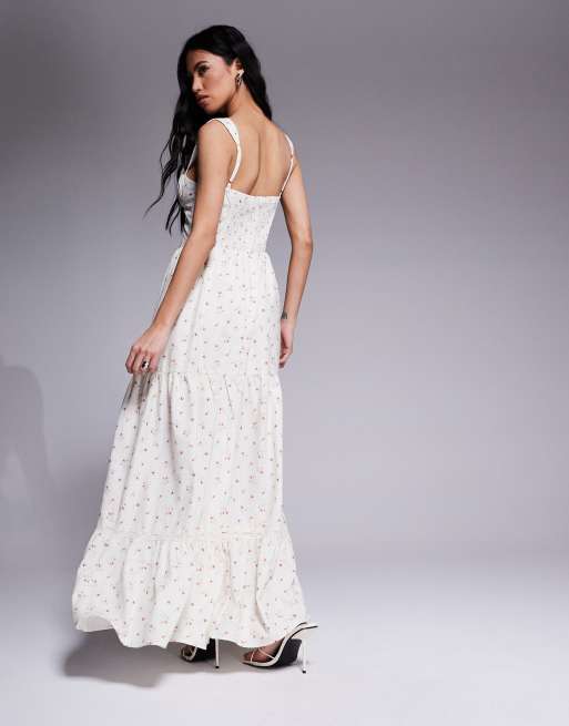 Love Triangle milkmaid tiered maxi dress in pink ditsy