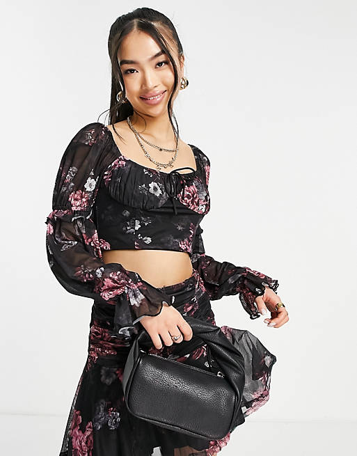Love Triangle milkmaid top co-ord with puff sleeves in black floral