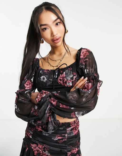 Love Triangle milkmaid top co-ord with puff sleeves in black floral, 4 of 4