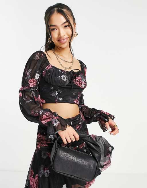 Floral Puff Sleeve Crop & Ruched Mini Skirt