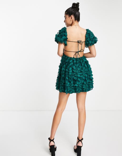 Love Triangle mini baby doll dress with backless ties in emerald 3D lace