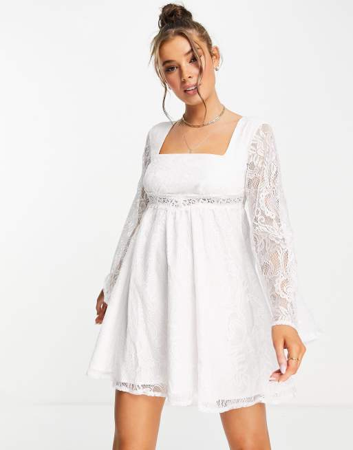 Love Triangle mini dress with flared sleeves and square neck in ivory lace