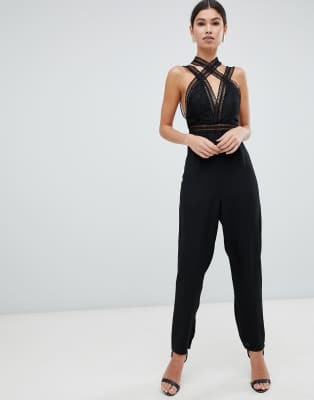 love triangle halter neck open back jumpsuit with thigh split in white