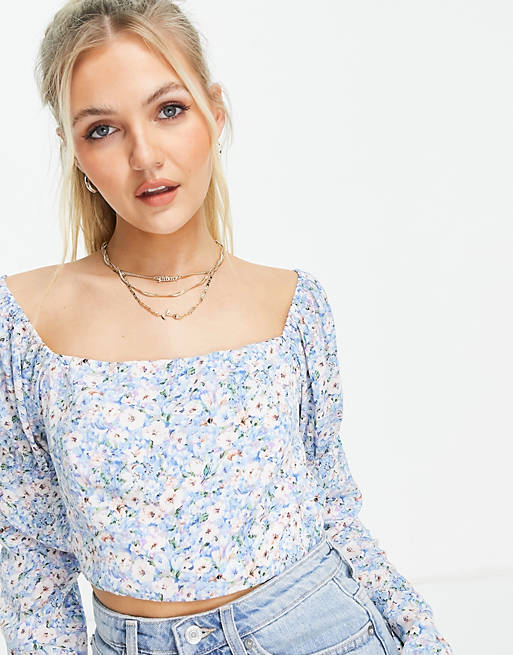 Love Triangle off shoulder puff sleeve crop top in blue ditsy floral