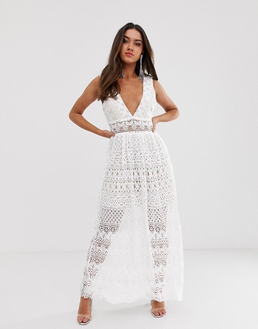 Love Triangle plunge front delicate lace maxi dress in white