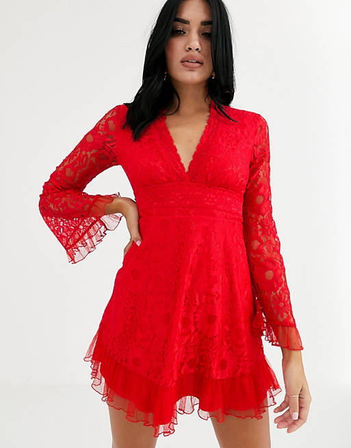 Love Triangle plunge front lace skater dress in red
