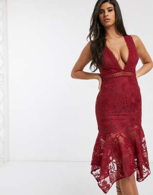 Love Triangle plunge front midaxi lace dress with fluted hem in deep raspberry-Red