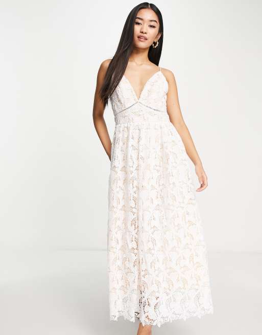 Love Triangle plunge front midi dress in white lace ASOS