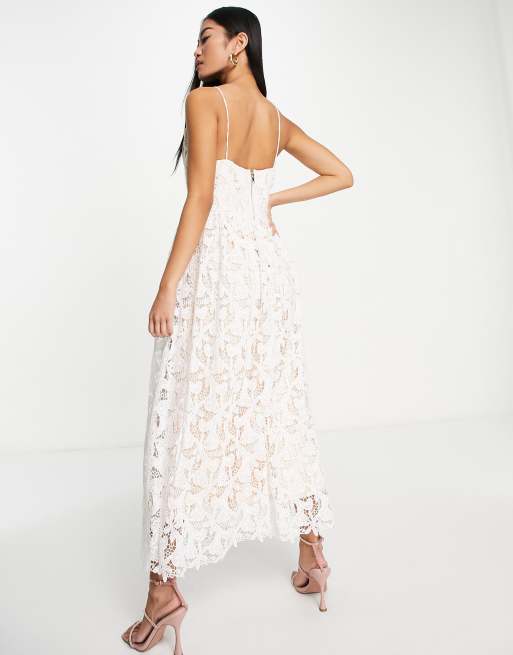 Love Triangle plunge front midi dress in white lace | ASOS