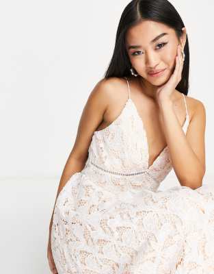 Love Triangle plunge front midi dress in white lace | ASOS