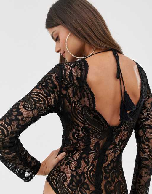 Love Triangle plunge front scallop edge body with tassel detail and lace insert in black, 2 of 4