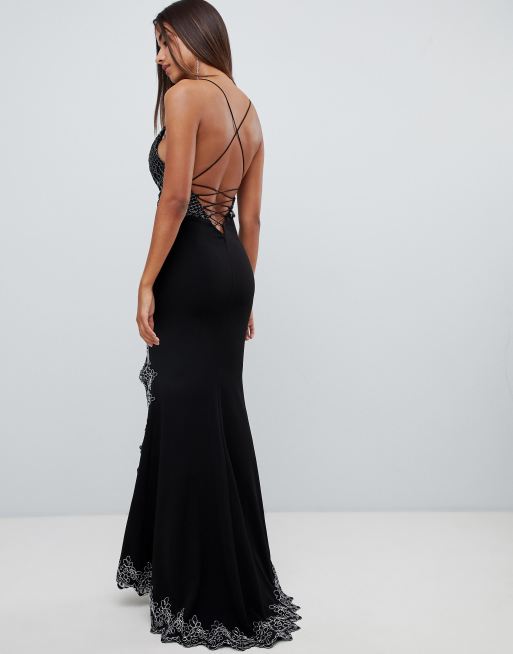 Love Triangle Plunge Front Maxi Dress With Eyelash Lace Train In Navy, $17, Asos