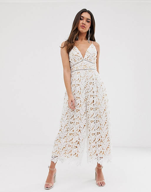 Love Triangle plunge front wide leg lace jumpsuit in white