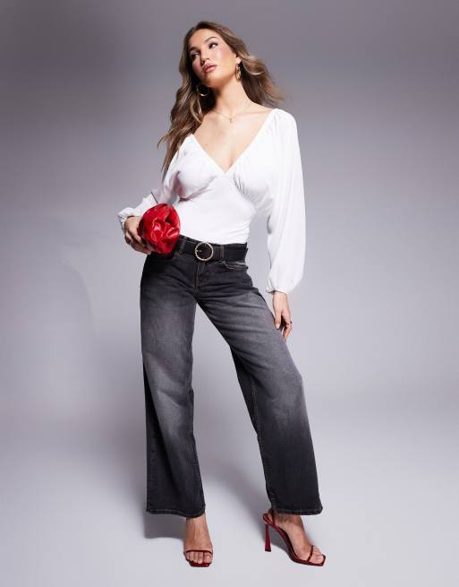Love Triangle plunge neck balloon sleeve bodysuit in cream
