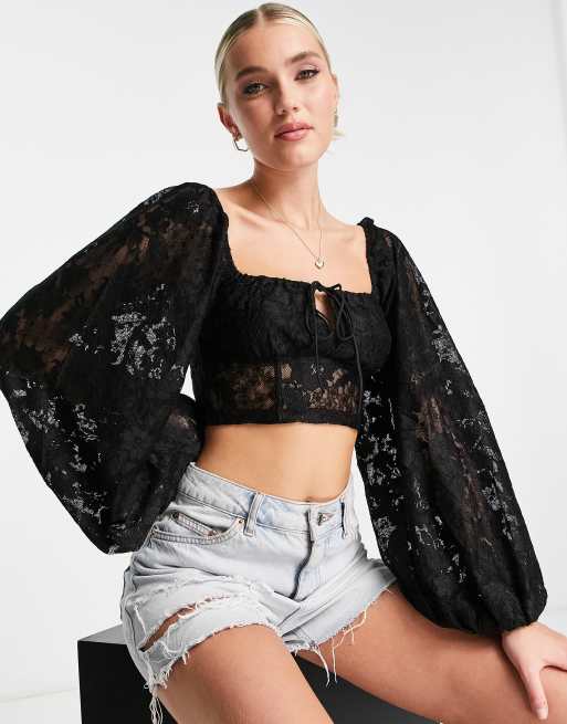 Love Triangle puff sleeve milkmaid top co-ord in black lace | ASOS