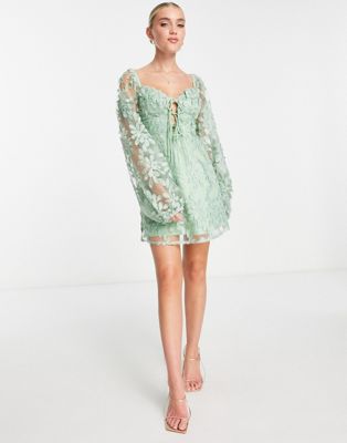 Love Triangle puff sleeve skater dress in green leaf lace