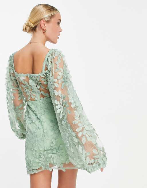 Love Triangle puff sleeve skater dress in green leaf lace | ASOS