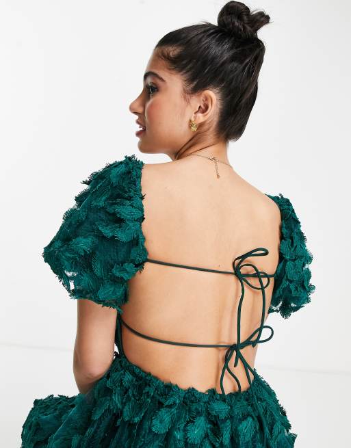 Love Triangle - Robe babydoll courte en dentelle 3D avec dos nu à lanières nouées - Vert émeraude , 4 de 4