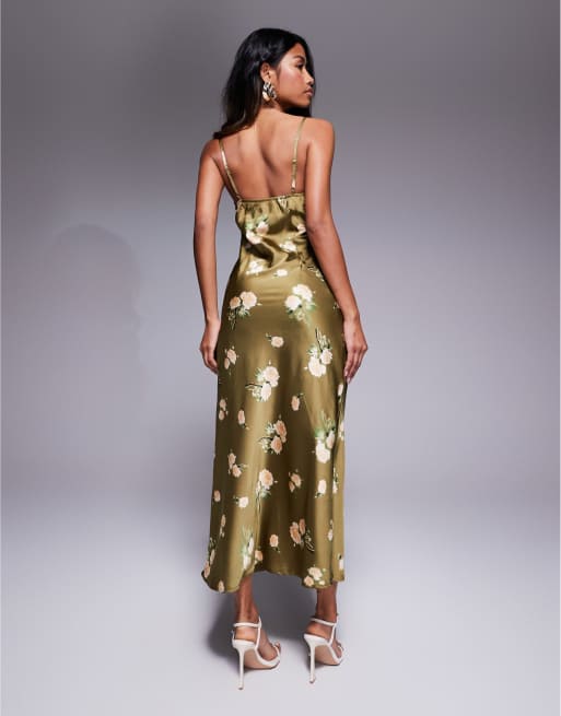 Love Triangle - Robe longue en satin imprimé fleuri avec bonnets bordés de dentelle - Olive foncé, 4 de 4