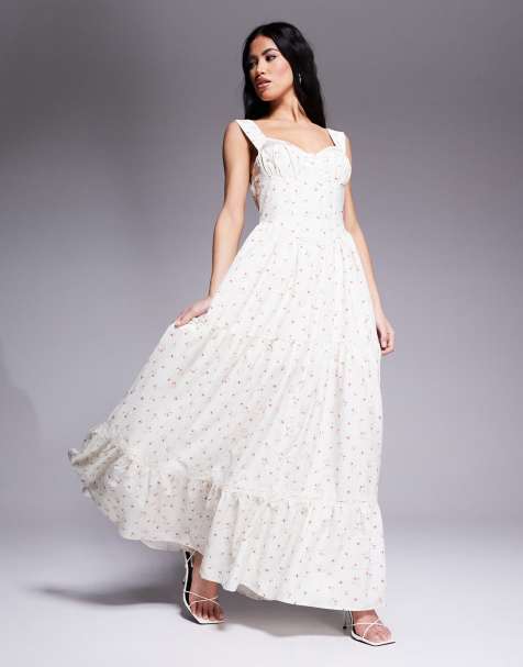 Love Triangle - Robe longue tendance folk à volants étagés - Rose à petites fleurs - view 1