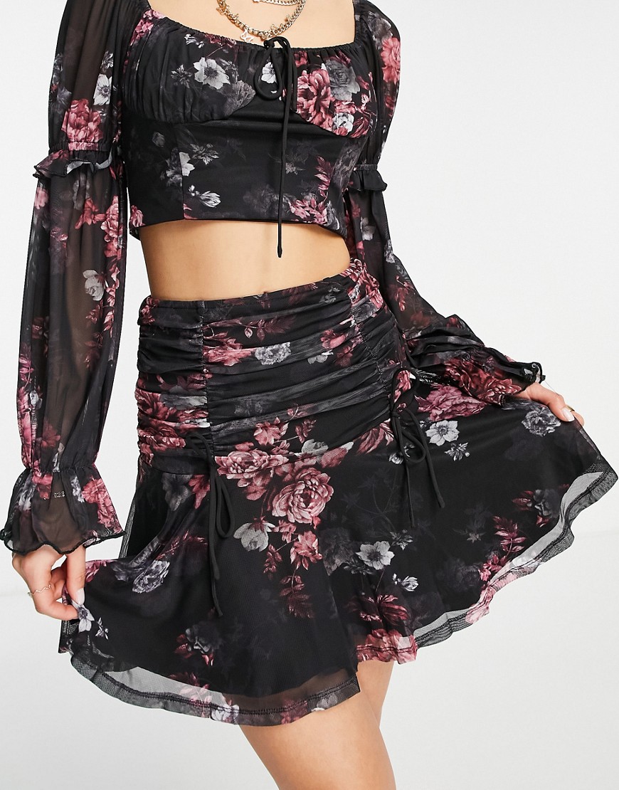 Love Triangle ruched mini skirt co-ord with flounce hem in black floral