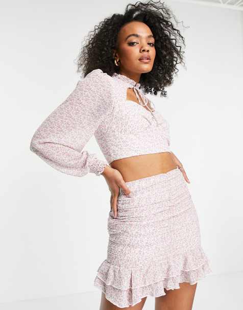 Love Triangle ruched mini skirt with flounced hem in multi lilac floral co-ord - view 1
