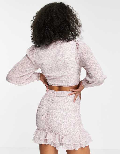 Love Triangle ruched mini skirt with flounced hem in multi lilac floral co-ord, 2 of 4