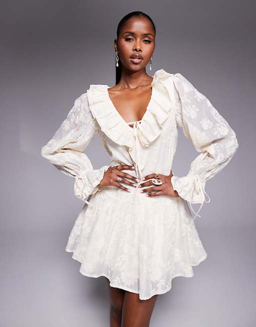white ruffle dress ASOS LUXE cotton poplin off-shoulder skater with lace in This tiered ruffle mini dress will be your new favorite summer outfit White Ruffle Strap Organza Mini