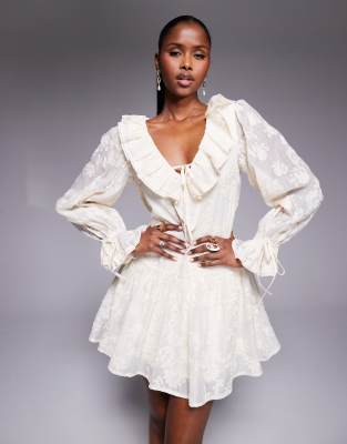 love triangle ruffle detail lace drop waist mini dress in vintage cream