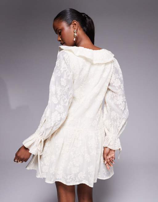Love Triangle ruffle detail lace drop waist mini dress in vintage cream, 4 of 4