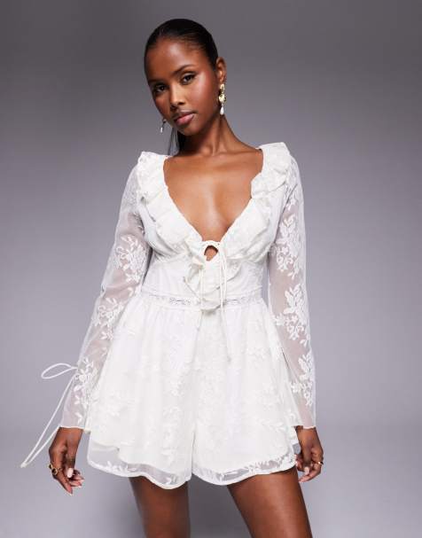 Love Triangle ruffle detail lace playsuit with tie detail in cream - view 1