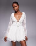 [Love Triangle] Love Triangle ruffle detail lace playsuit with tie detail in cream-White 10 Cream pink