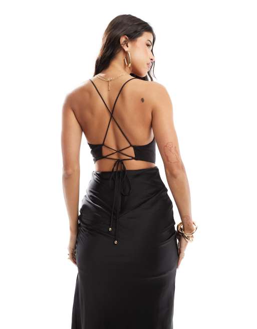 black satin dress tie back Tie Back Dress in Double Georgette & Silk Charmeuse