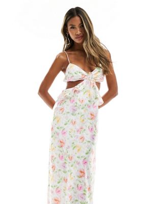 Love Triangle Satin Cami Dress With Cut Out Detail In Floral-multi