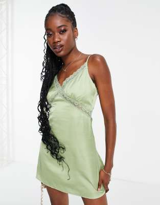 Love Triangle Satin Cami Dress With Lace Trim In Khaki-green