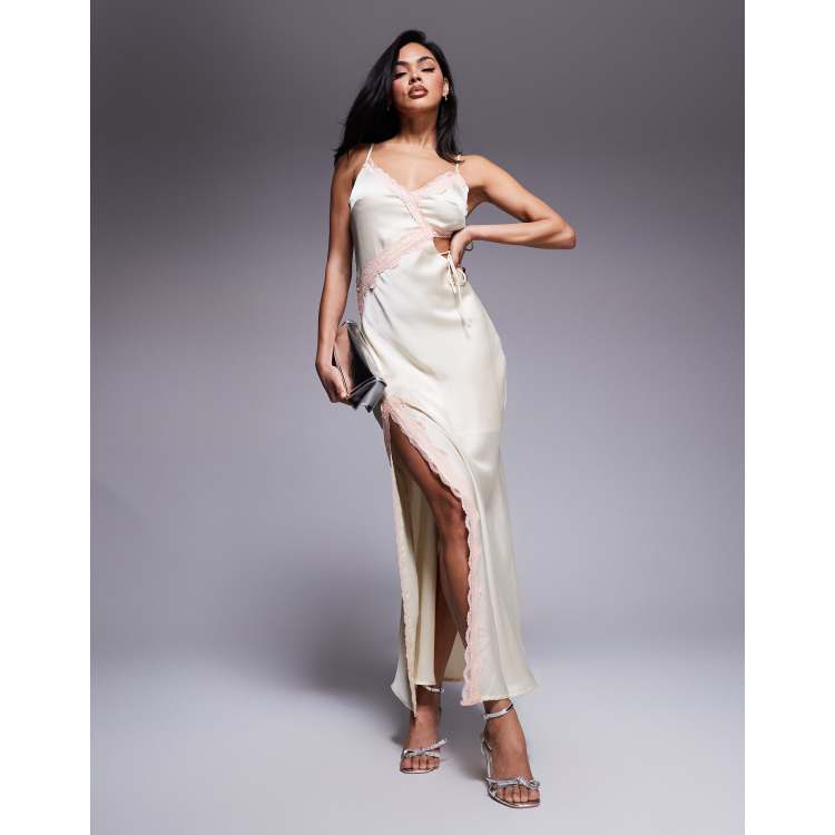 Love Triangle satin cut-out maxi dress with lace trim in apricot | ASOS