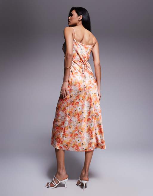 Love Triangle Satin Maxi Dress with Lace Trim Cups in Coral print-Orange