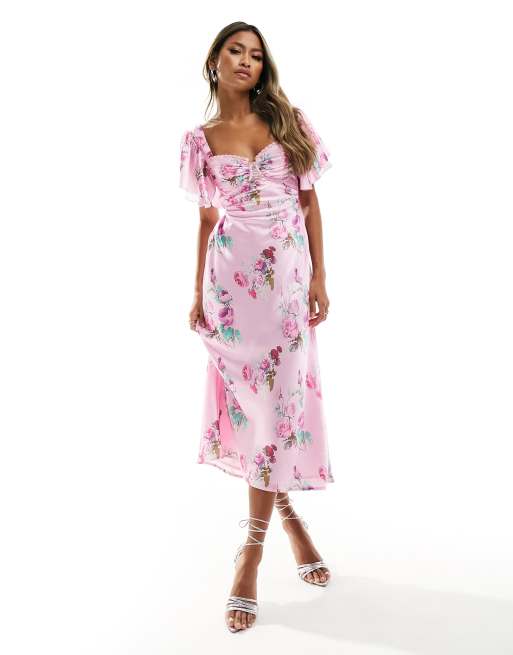 Love Triangle satin midi dress with corset detail in pink, 2 of 4