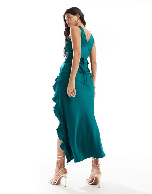 Love Triangle satin plunge maxi dress with corsage in emerald green | ASOS