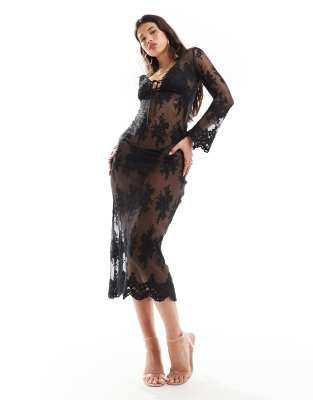 sheer lace maxi dress in black