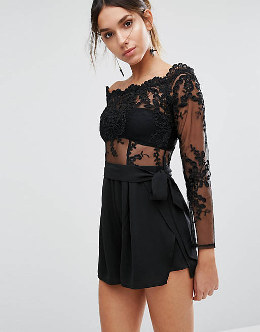 Love Triangle Sheer Lace Playsuit With Waist Tie | ASOS
